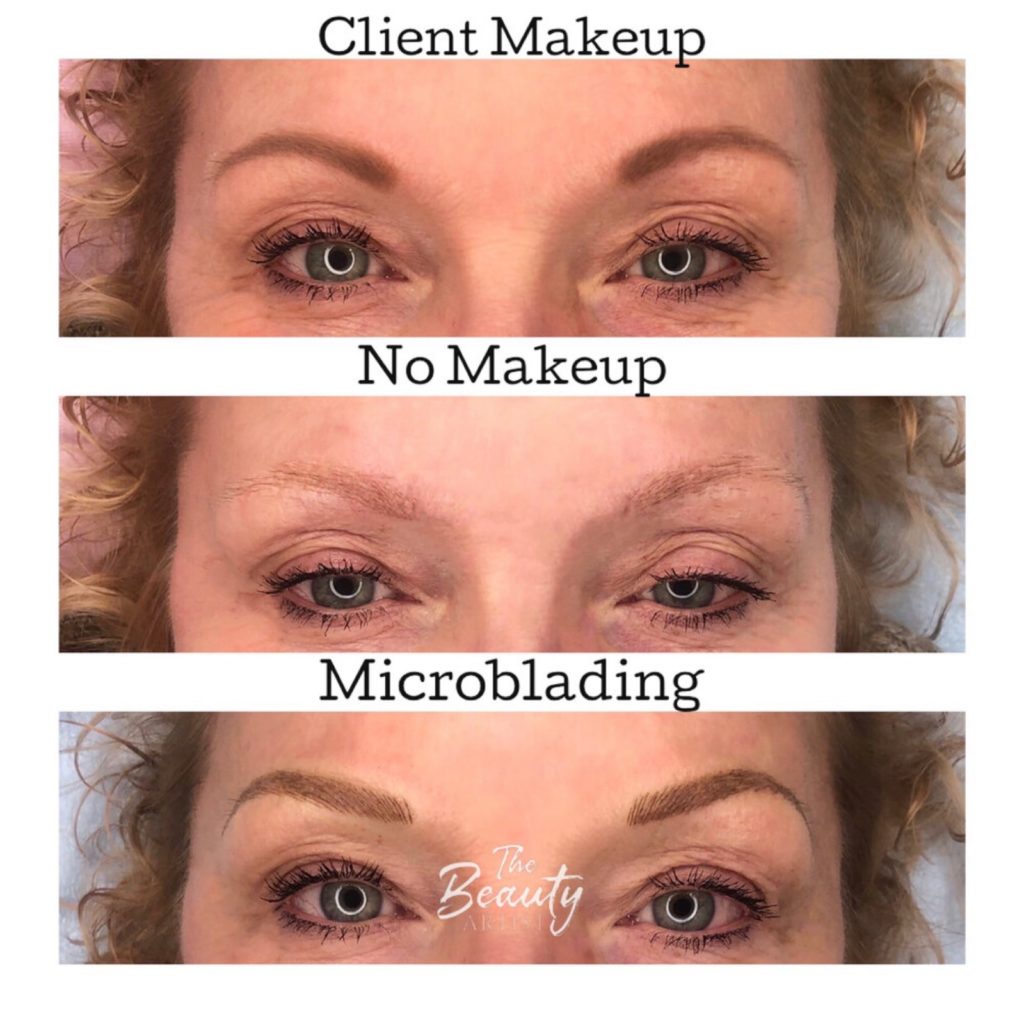 Client makeup, no makeup, and microblading