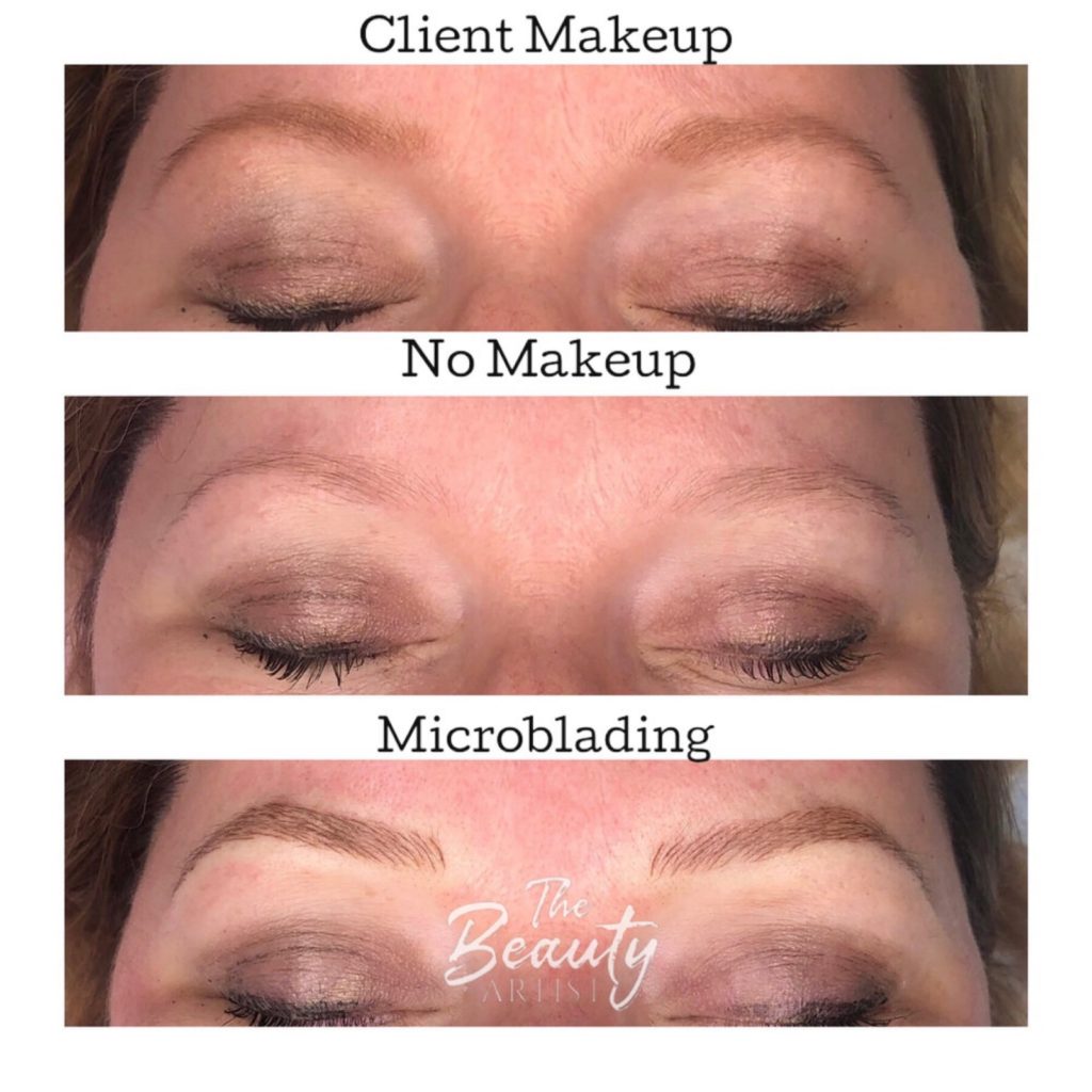 Client makeup, no makeup, and microblading